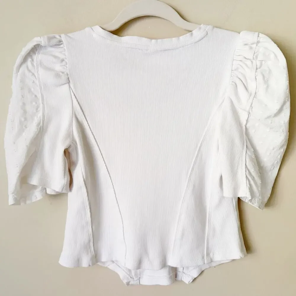 Anthropologie | Puff Sleeve Structured V-neck Shirt Top Swiss Dots White XSP
